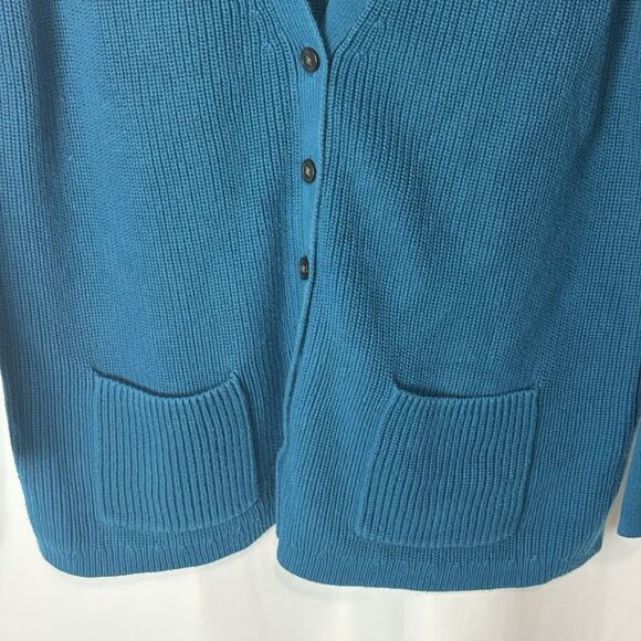 Lands End Women’s 1X Chunky Knit Cardigan Sweater Teal Blue Button Grandma Cozy - Picture 2 of 7